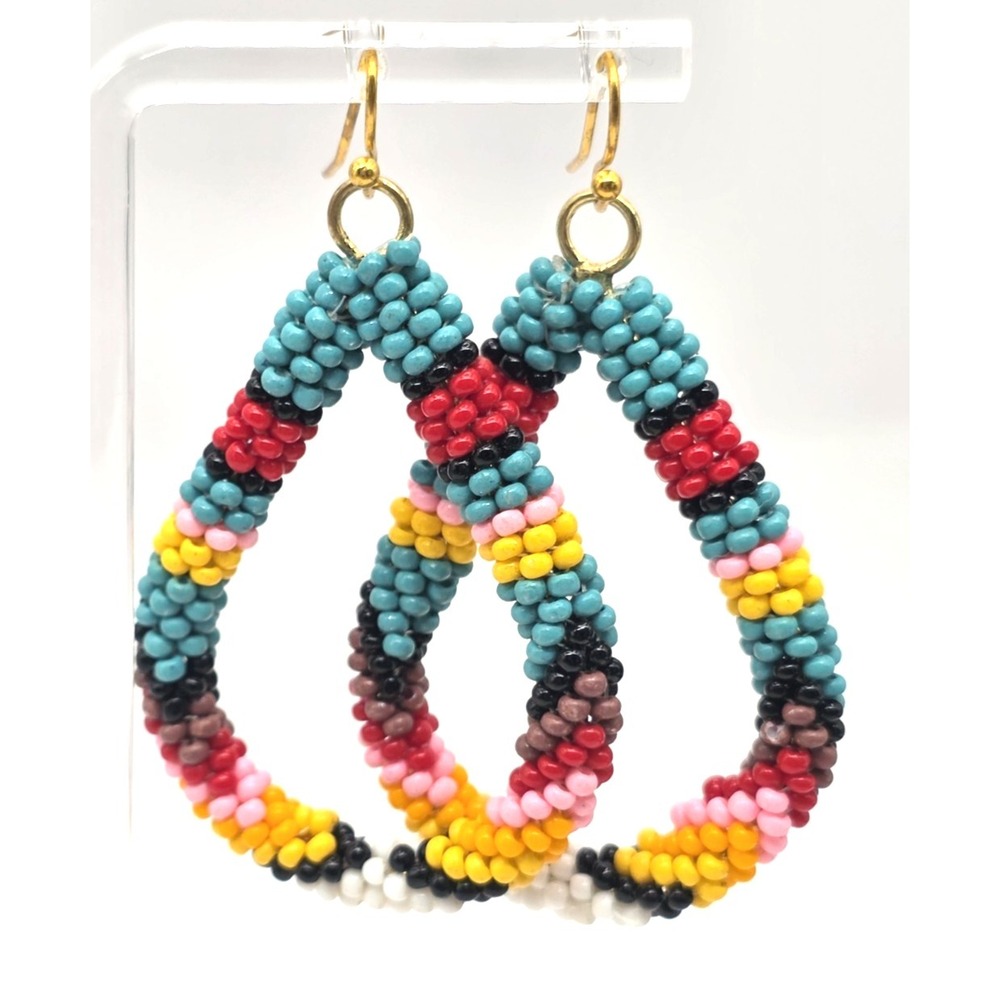 Hand-Beaded‎ Native American Style Dangle Earrings 2" Gold Tone Teardrop